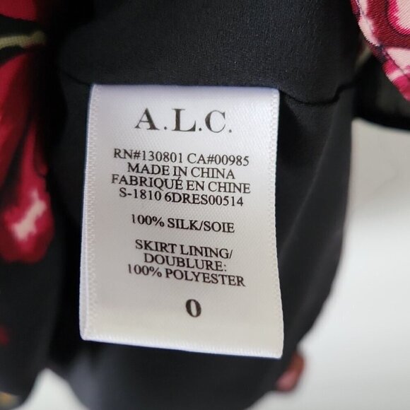 A.L.C. | Haven Ruched Floral Print 100% Silk Dress black red sz 0 - Picture 5 of 6